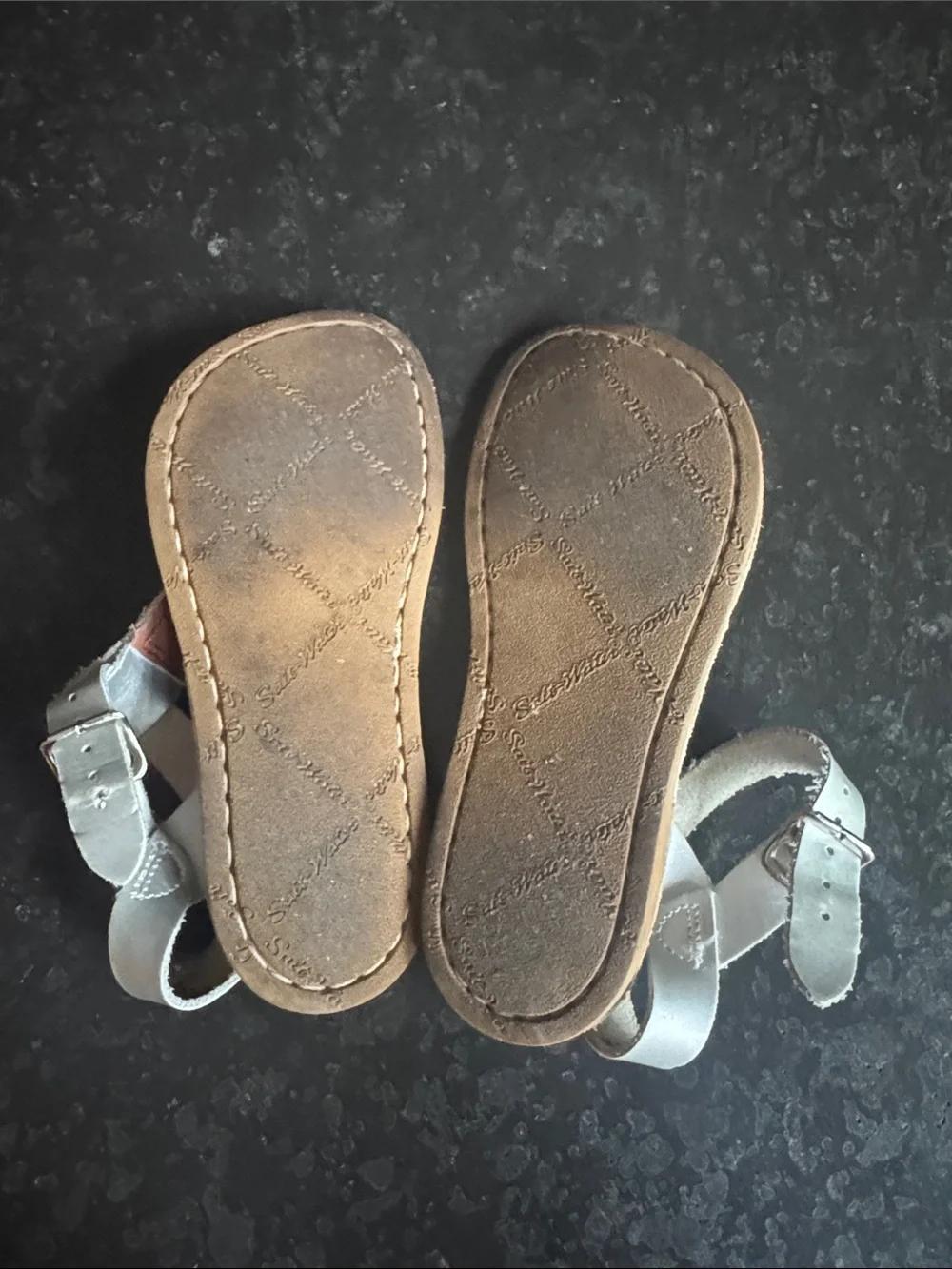 Salt Water Sandals by Hoy Silver T-Strap Kids Sandals with Tan Footbed